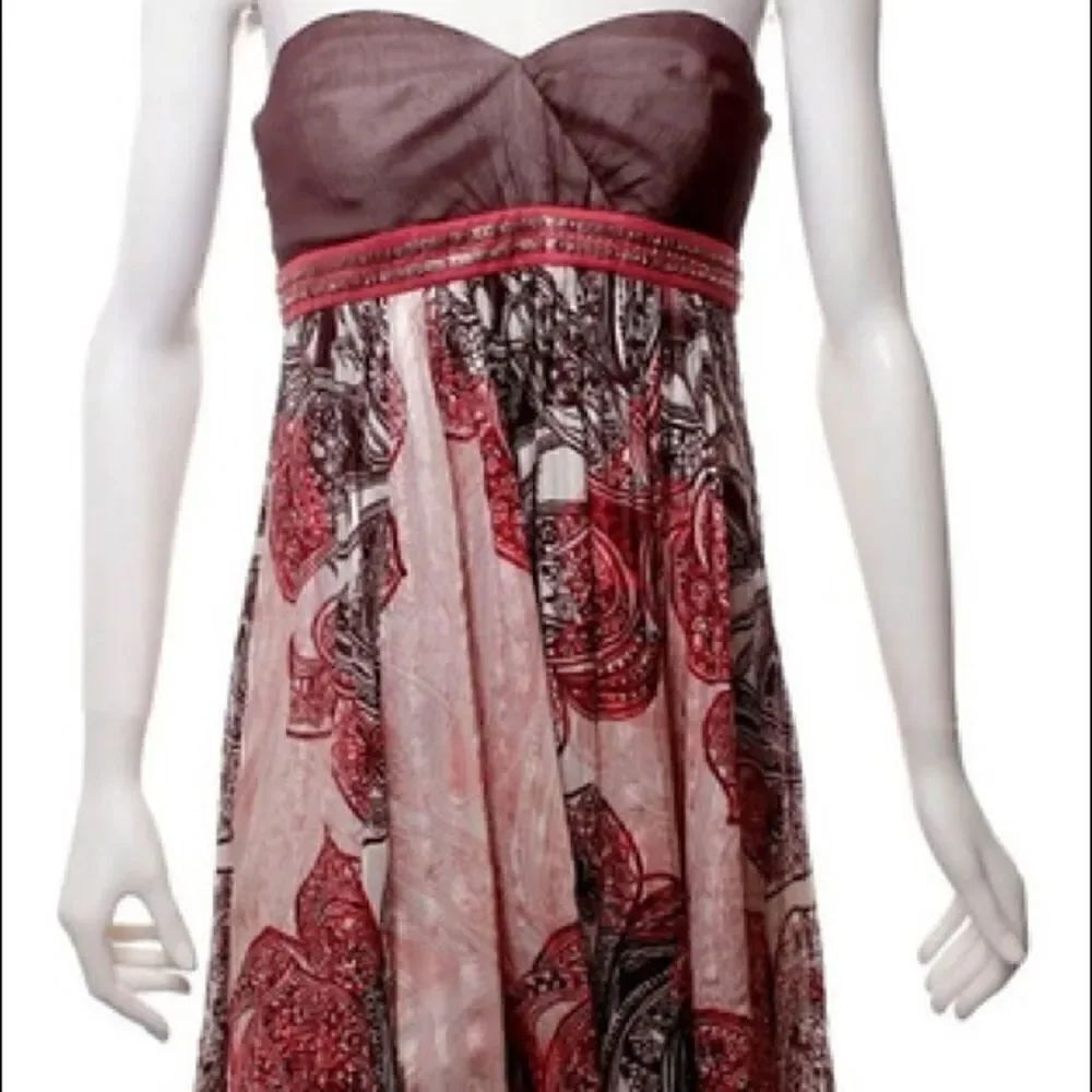 BCBGMaxAzria | Brown/Maroon Strapless Paisley Print Silk Dress | 2